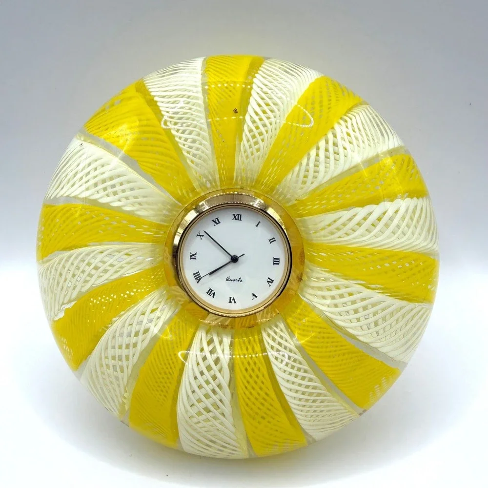 Vintage Murano Glass Desktop Clock Yellow White Ribbons Armando Poggi Handmade